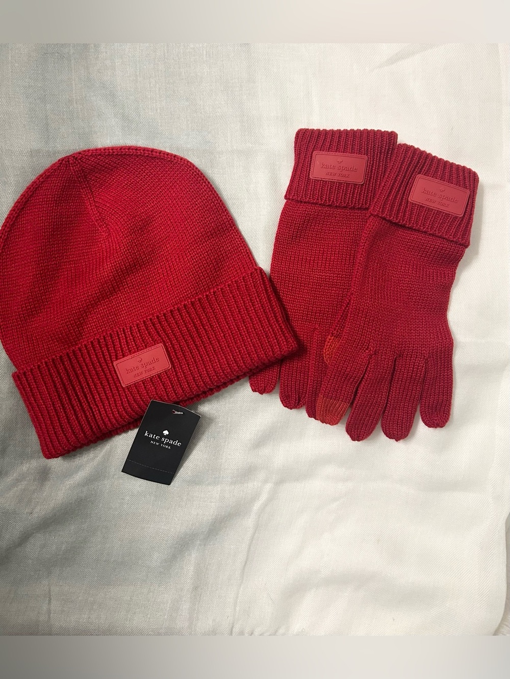 Kate Spade Logo Patch Knit Beanie and Gloves Set